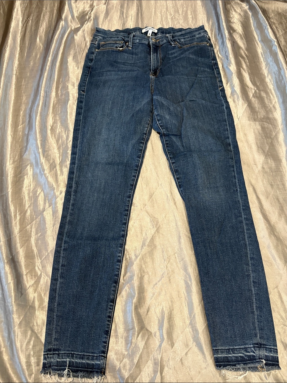 Good American Dark Blue Skinny Jeans with Frayed Ankles